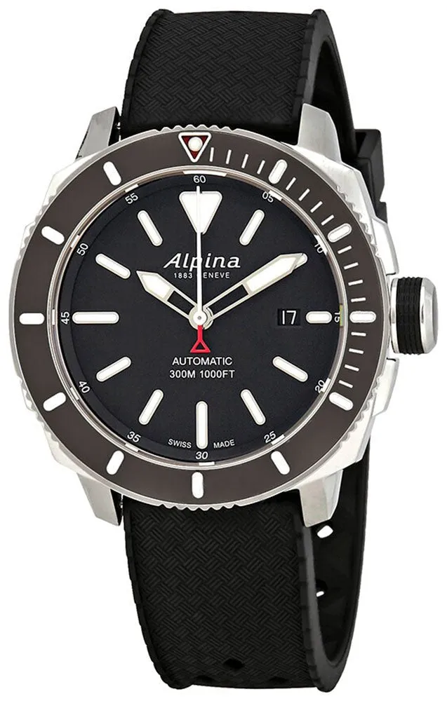 Alpina Seastrong Diver 300 Automatic Stainless Steel Black Rubber Strap Black Dial Date Mens Watch AL-525LBG4V6