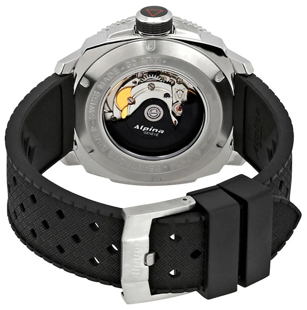 Alpina Seastrong Diver 300 Automatic Stainless Steel Black Rubber Strap Black Dial Date Mens Watch AL-525LBG4V6