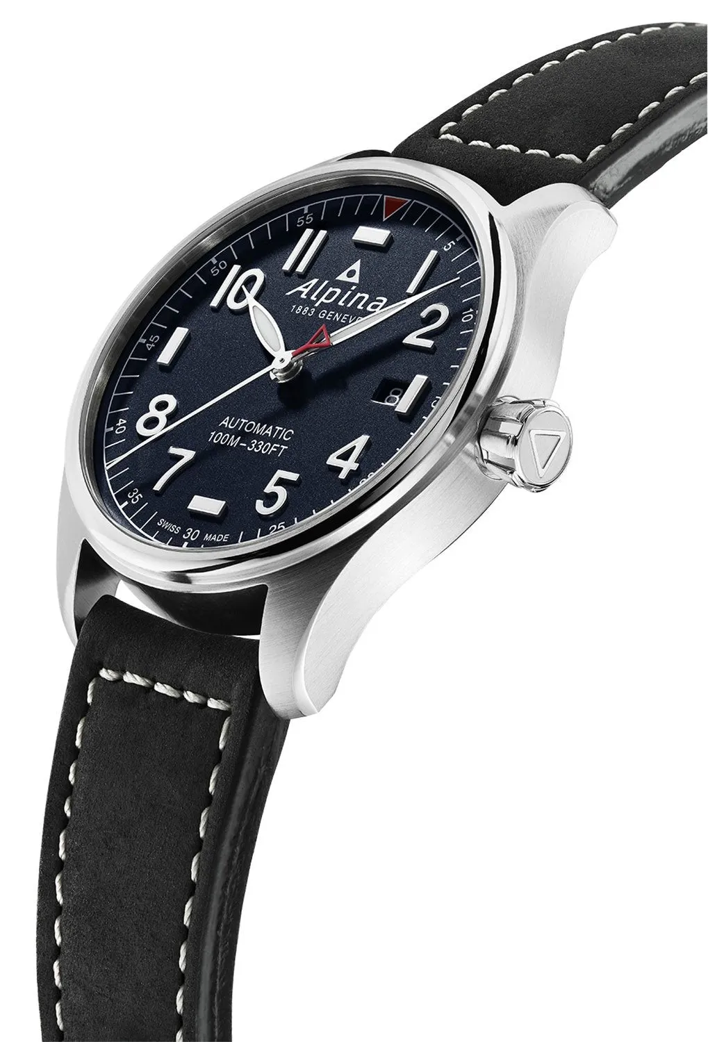 Alpina Startimer Pilot Automatic Stainless Steel Black Leather Strap Blue Dial Date Mens Watch AL-525NN3S6