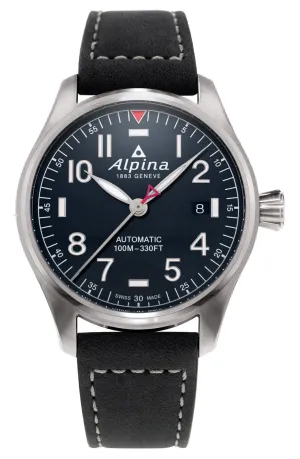 Alpina Startimer Pilot Automatic Stainless Steel Black Leather Strap Blue Dial Date Mens Watch AL-525NN3S6