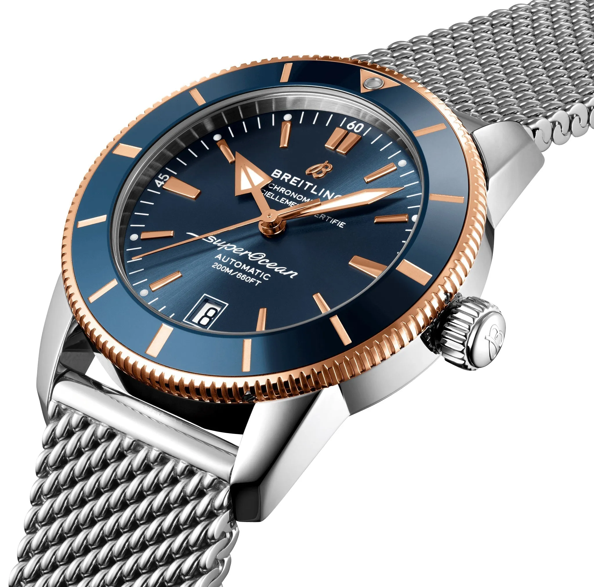Breitling Superocean Heritage Automatic Chronometer Stainless Steel & 18k Rose Gold Blue Dial Date Divers Mens Watch UB2010161C1A1