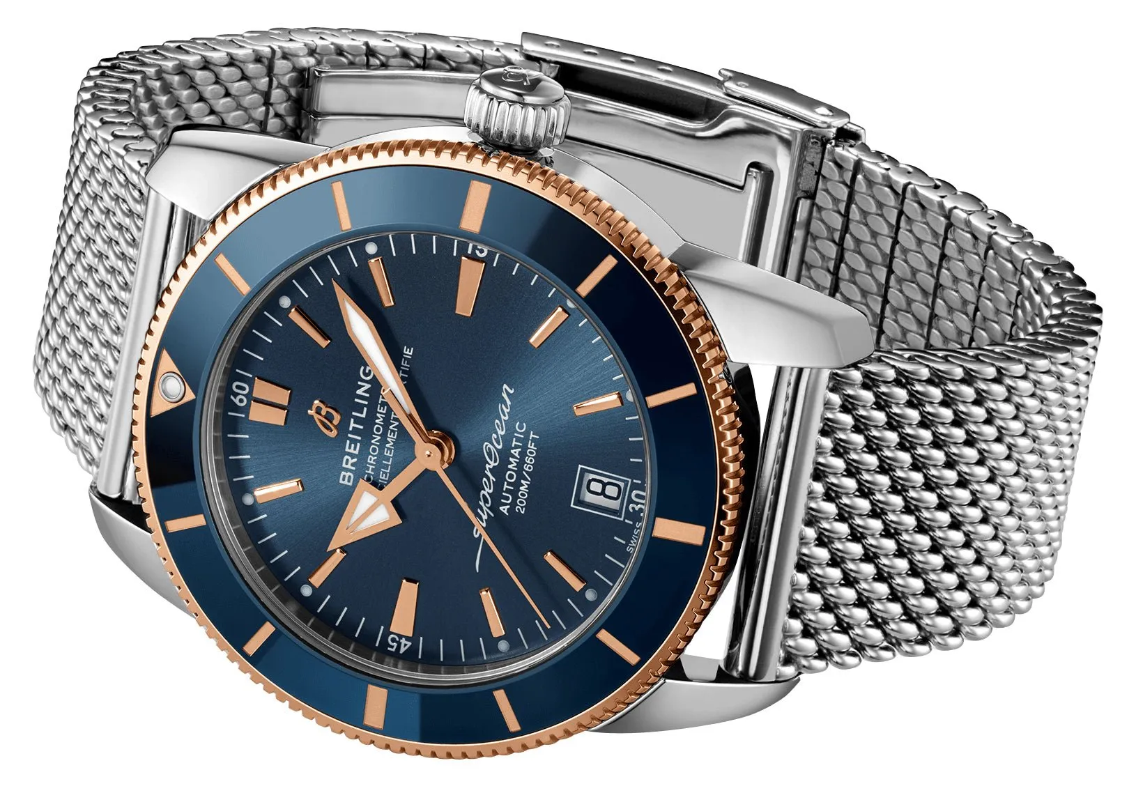 Breitling Superocean Heritage Automatic Chronometer Stainless Steel & 18k Rose Gold Blue Dial Date Divers Mens Watch UB2010161C1A1