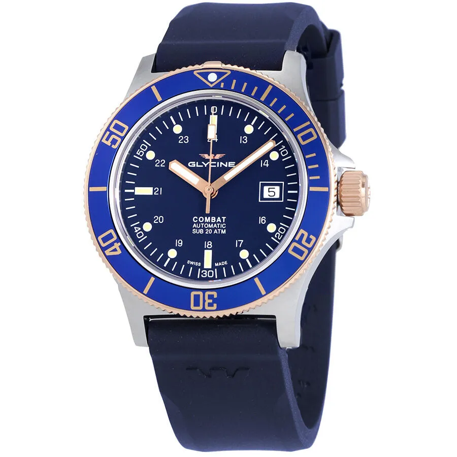 Glycine Combat Sub Automatic Blue Dial Blue Rubber Men's Watch GL0089