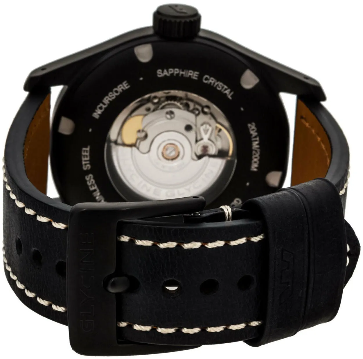 Glycine Incursore Automatic PVD Coated Stainless Steel Mens Strap Watch Black Dial Calendar 3874.999