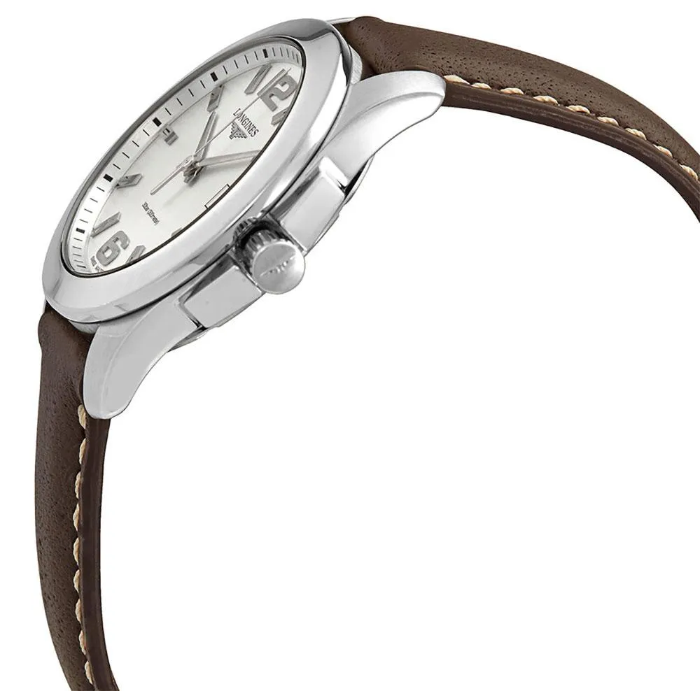 Longines Conquest Stainless Steel Brown Leather Strap Silver-Tone Dial Date Quartz Womens Watch L3.377.4.76.5