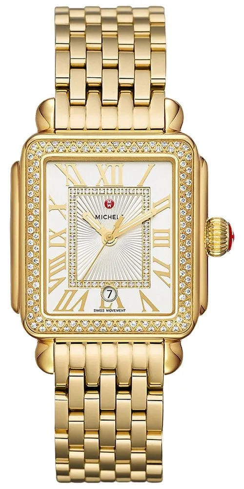 Michele Deco Madison 18K Gold-Plated Steel Diamonds Silver Dial Date Rectangle Womens Watch MWW06T000161