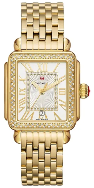 Michele Deco Madison 18K Gold-Plated Steel Diamonds Silver Dial Date Rectangle Womens Watch MWW06T000161