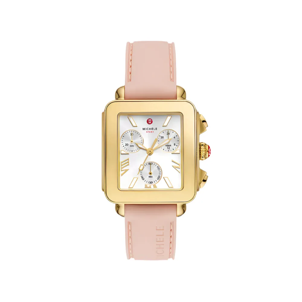 Michele Deco Sport Chronograph 18k Gold-Plated Ballet Pink Silicone Watch