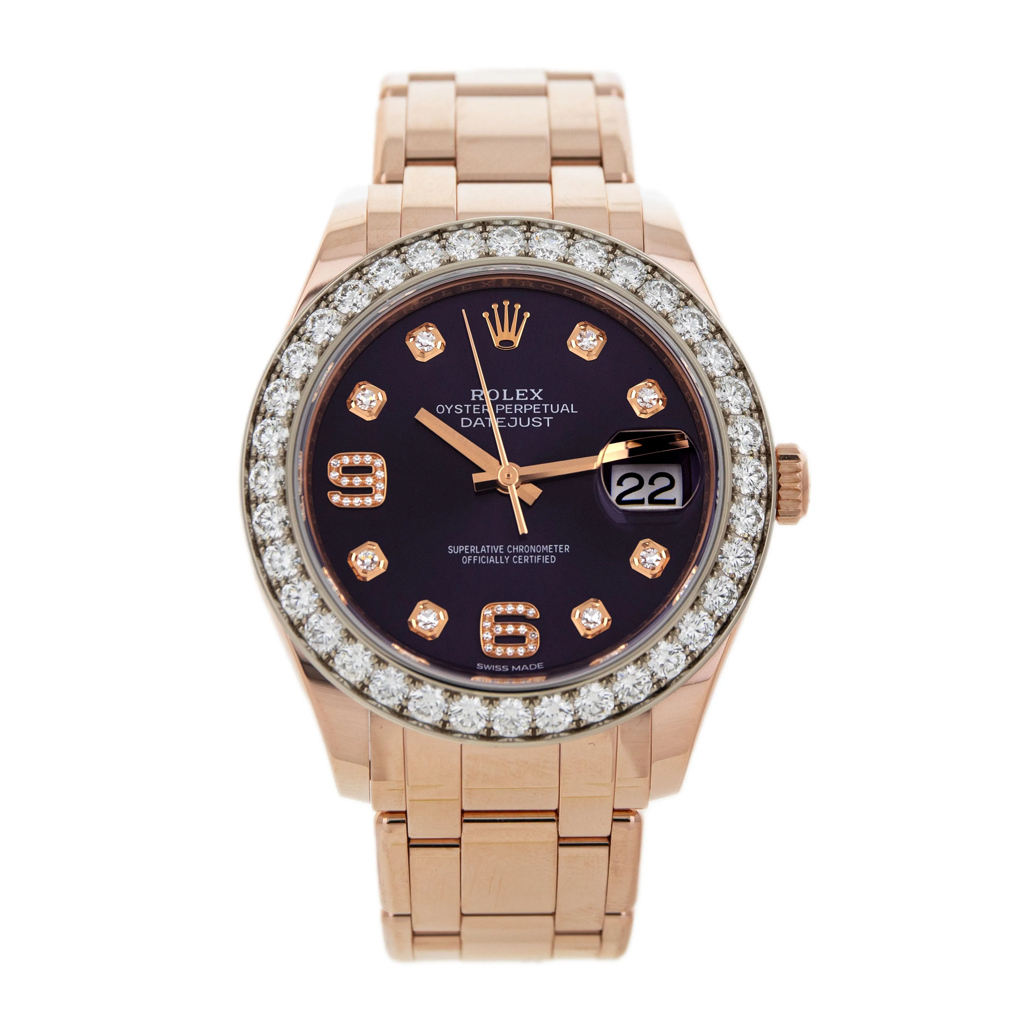 Rolex Datejust Pearlmaster Rose Gold Purple Dial Diamonds 39mm 86285 Full Set
