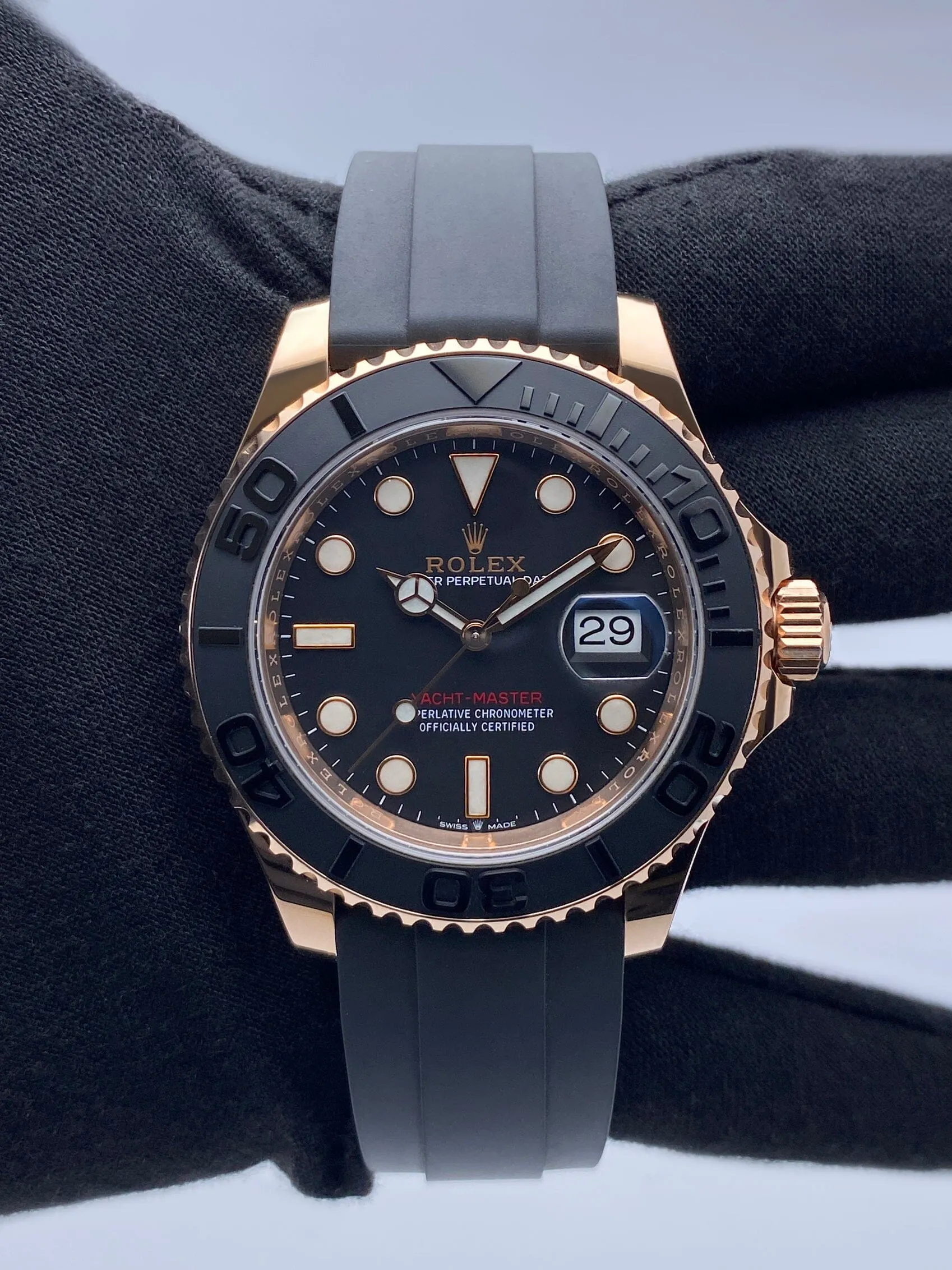Rolex Yacht-Master 126655 Black Dial 18K Rose Gold Mens Watch Box Papers