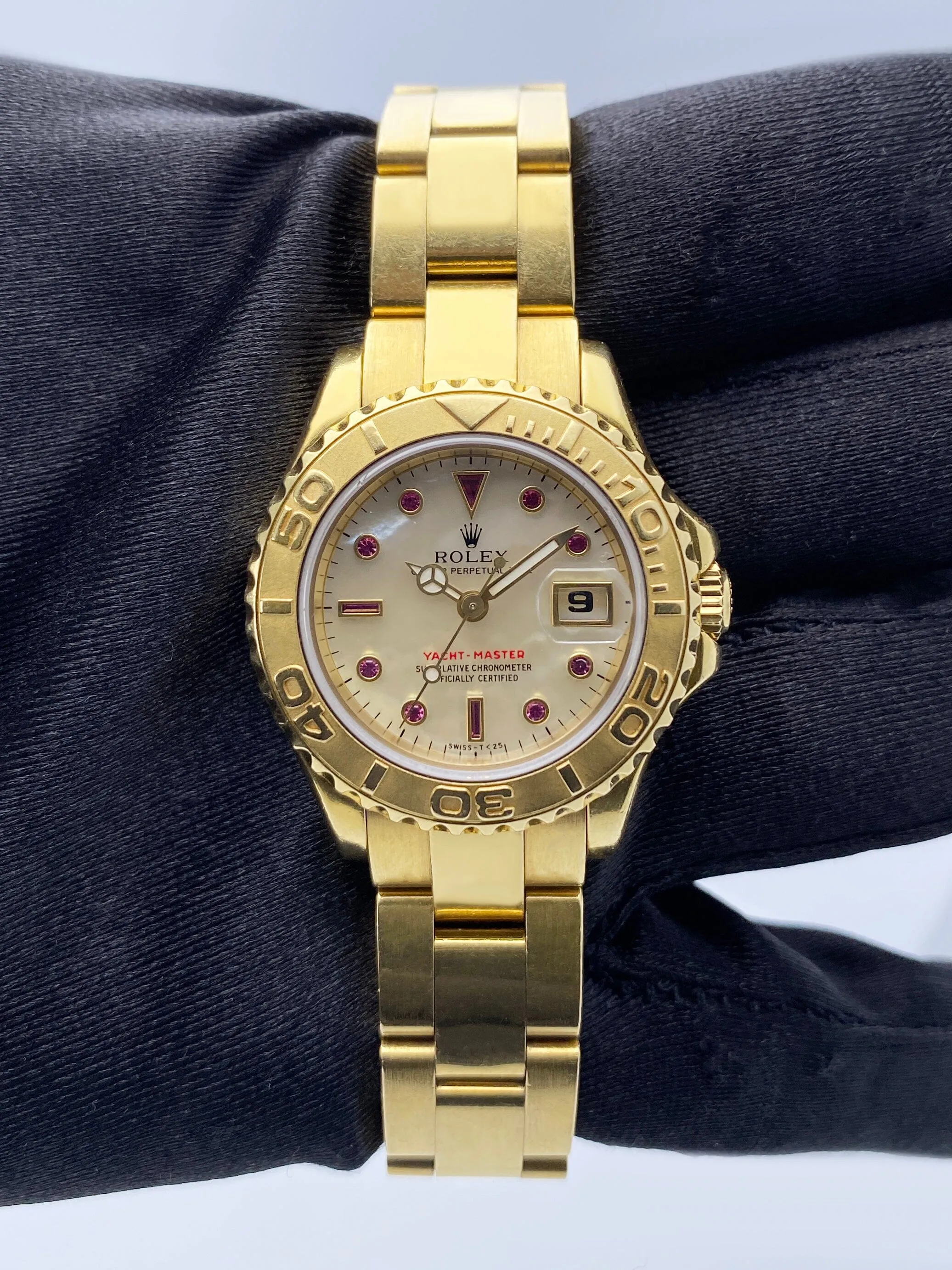 Rolex Yacht Master 69628 MOP Ruby Dial 18K Yellow Gold Watch Box Papers