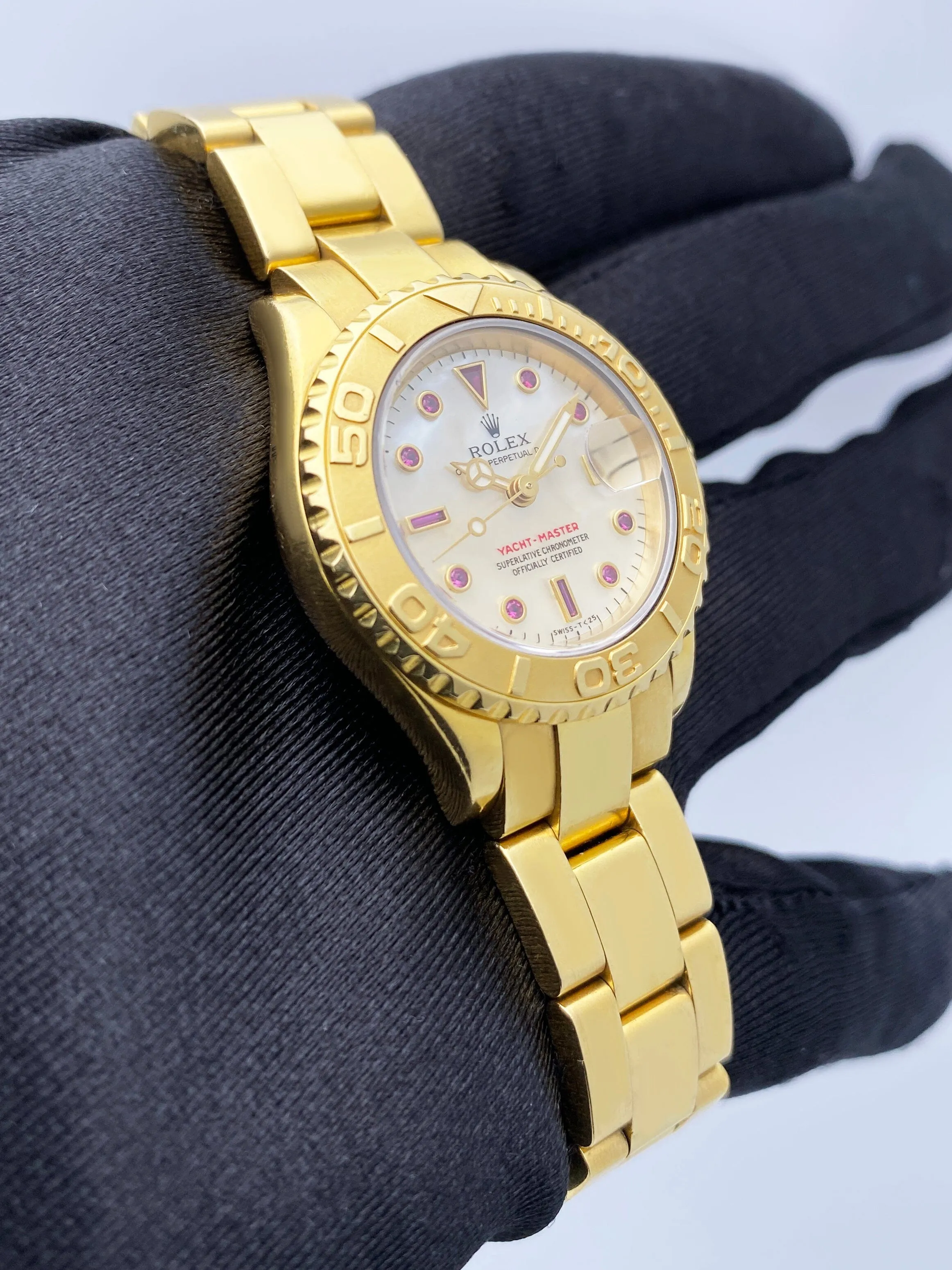 Rolex Yacht Master 69628 MOP Ruby Dial 18K Yellow Gold Watch Box Papers