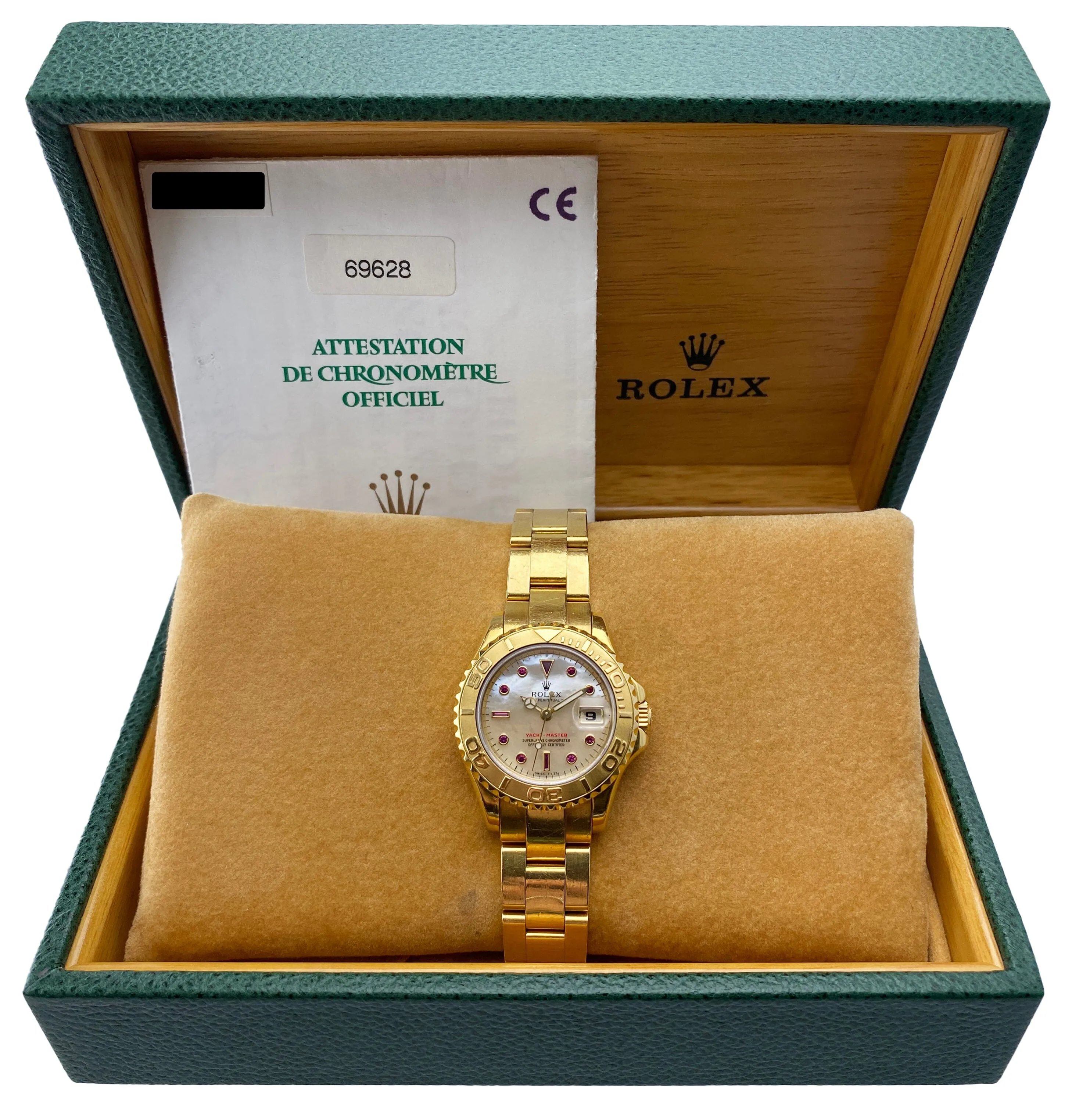 Rolex Yacht Master 69628 MOP Ruby Dial 18K Yellow Gold Watch Box Papers