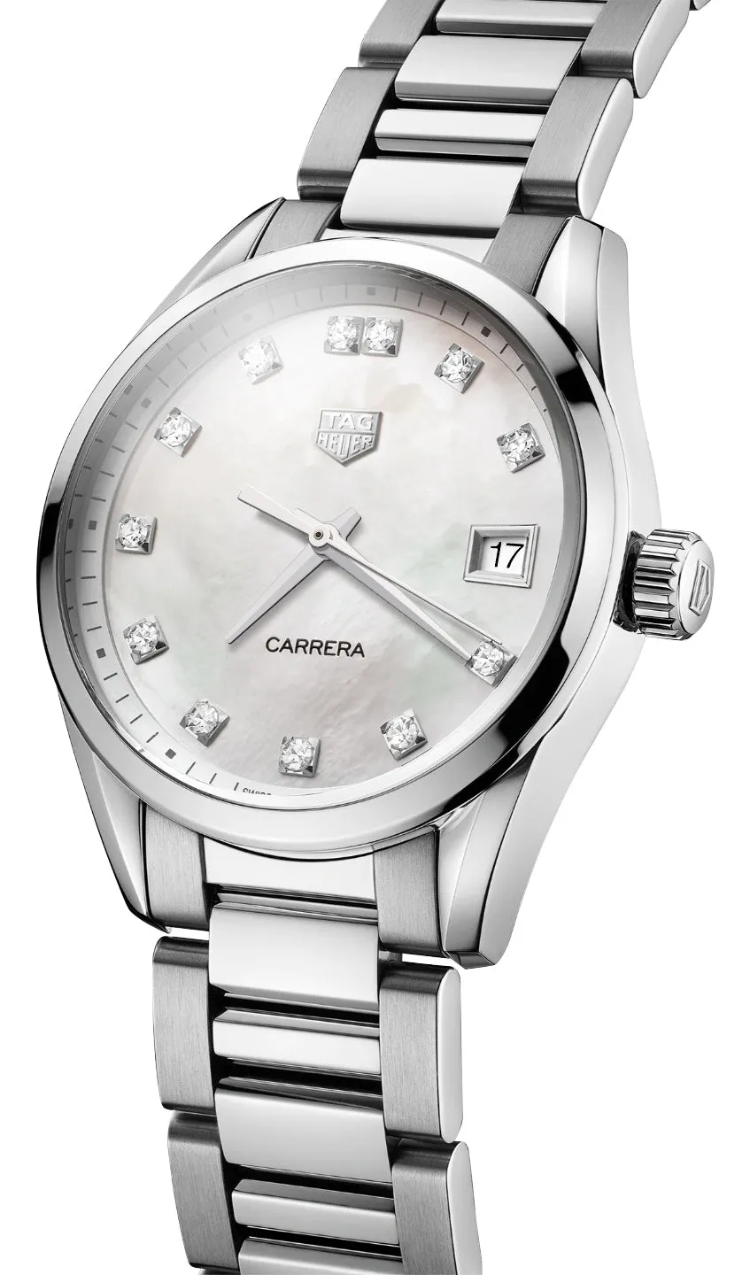 TAG Heuer Carrera Stainless Steel Mother-Of-Pearl Dial Diamonds Date Quartz Womens Watch WBK1318.BA0652