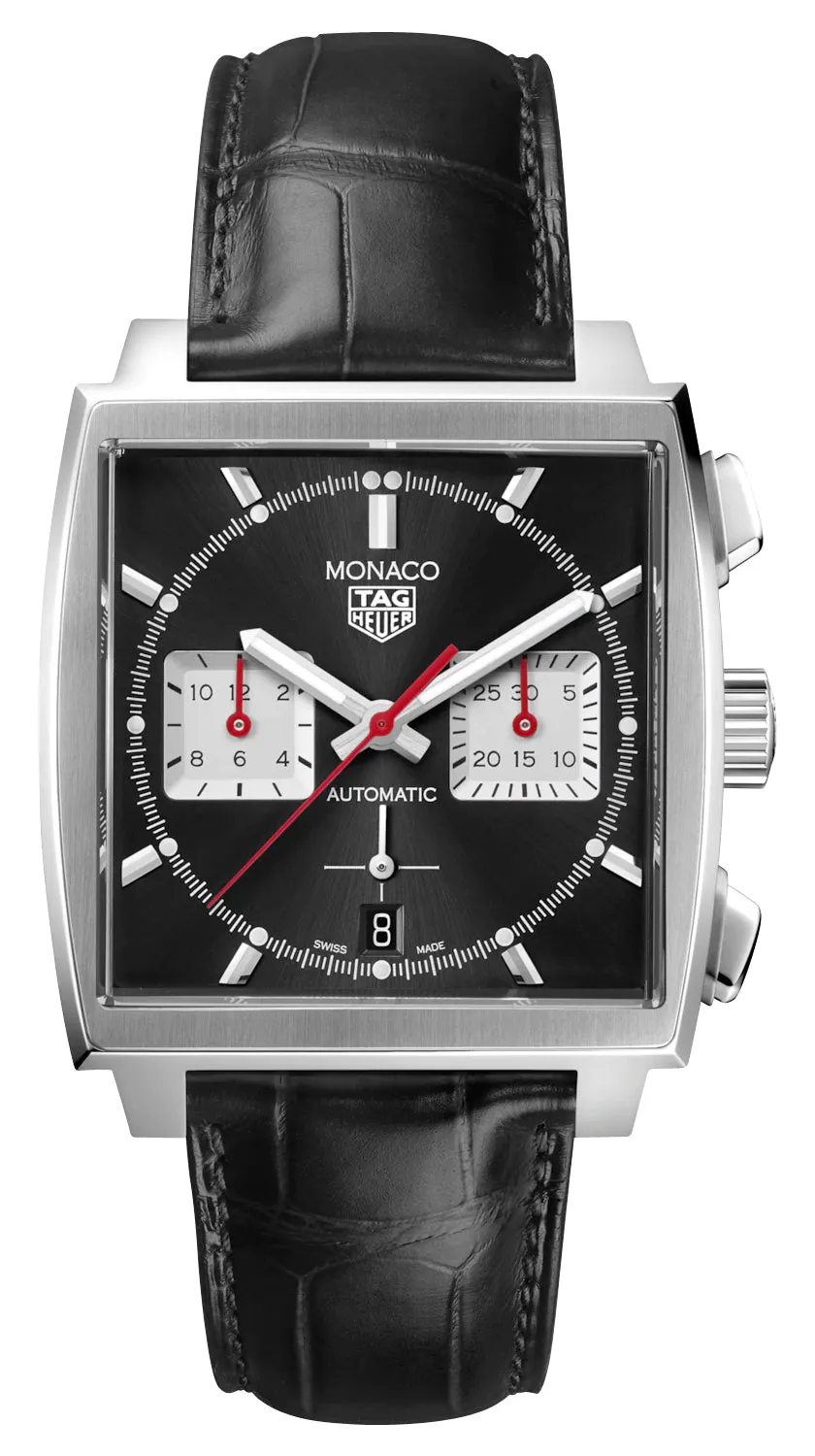 TAG Heuer Monaco Automatic Chronograph Stainless Steel Black Dial Black Leather Strap Date Mens Watch CBL2113.FC6177
