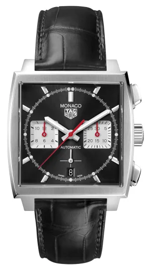 TAG Heuer Monaco Automatic Chronograph Stainless Steel Black Dial Black Leather Strap Date Mens Watch CBL2113.FC6177