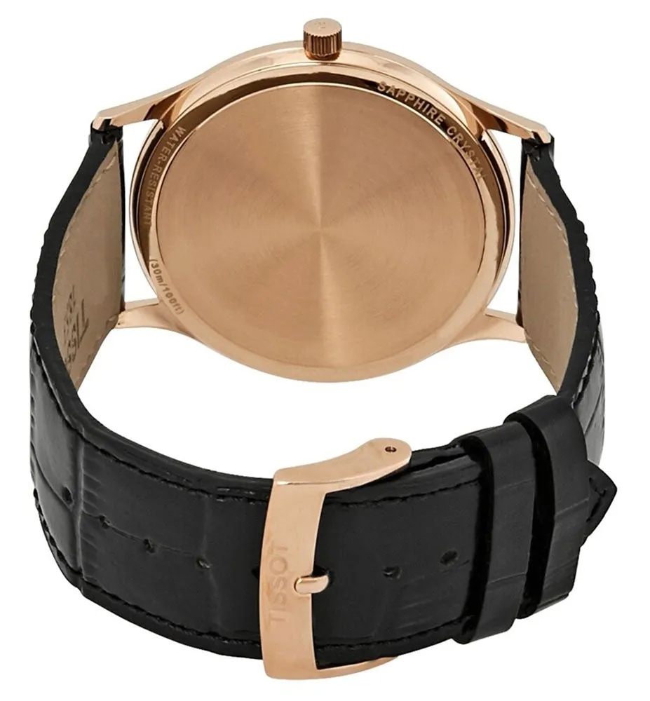Tissot T-Gold Excellence 18K Rose Gold Cream Dial Black Leather Strap Quartz Mens Watch T9264107601300