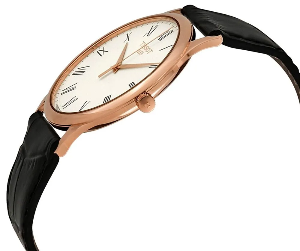 Tissot T-Gold Excellence 18K Rose Gold Cream Dial Black Leather Strap Quartz Mens Watch T9264107601300