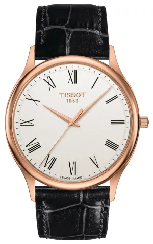 Tissot T-Gold Excellence 18K Rose Gold Cream Dial Black Leather Strap Quartz Mens Watch T9264107601300
