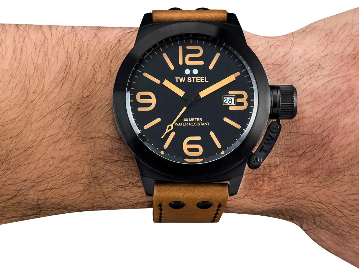 TW Steel Canteen Black PVD Black Dial Brown Leather Strap Date Quartz Mens Watch CS42