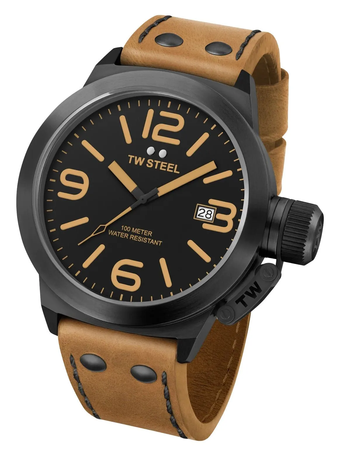TW Steel Canteen Black PVD Black Dial Brown Leather Strap Date Quartz Mens Watch CS42