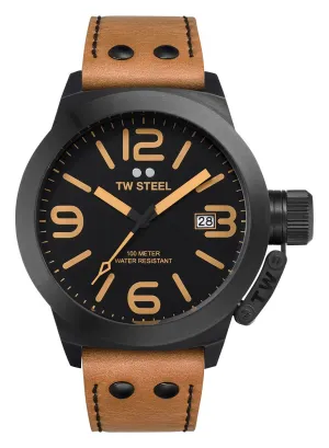 TW Steel Canteen Black PVD Black Dial Brown Leather Strap Date Quartz Mens Watch CS42