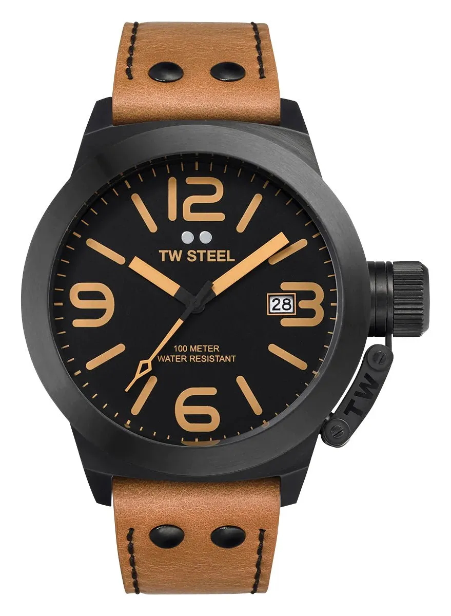 TW Steel Canteen Black PVD Black Dial Brown Leather Strap Date Quartz Mens Watch CS42