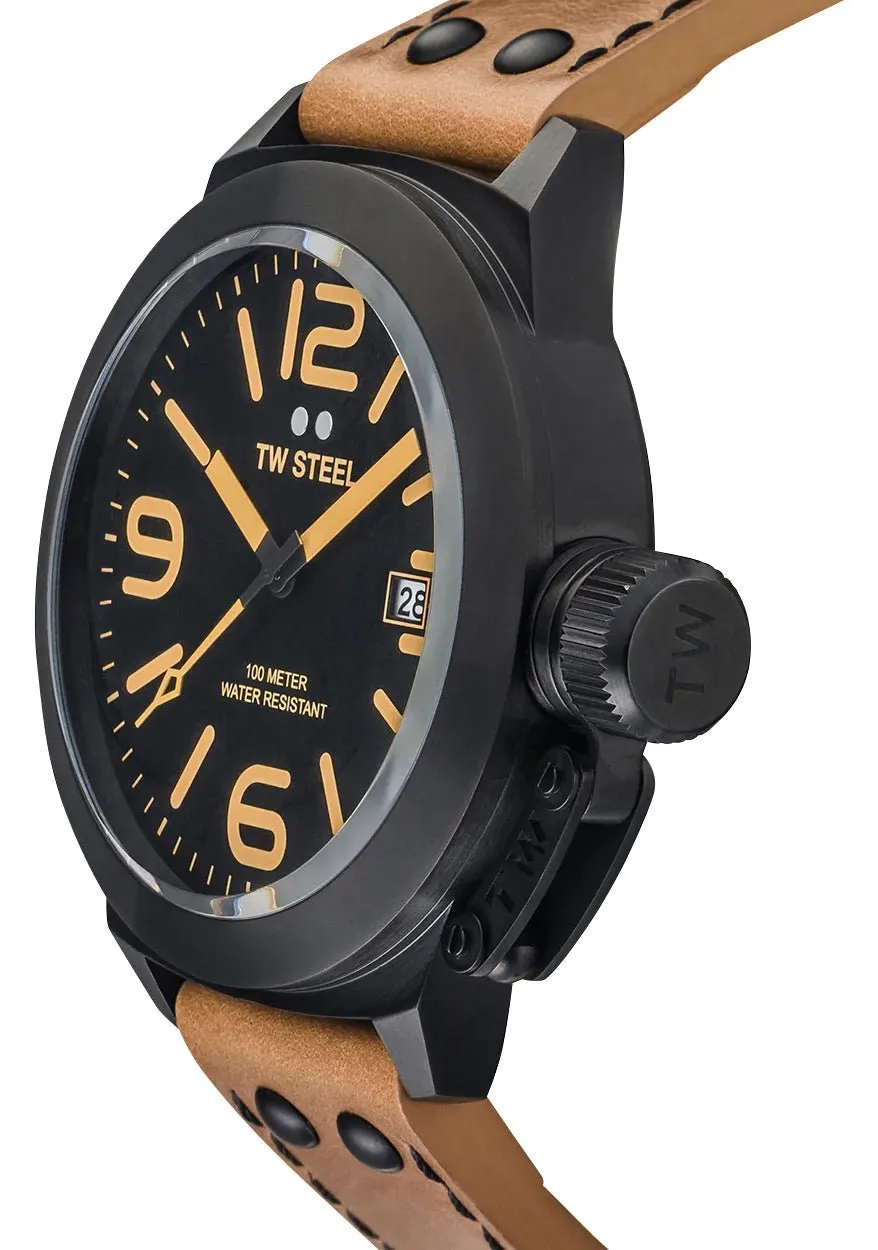 TW Steel Canteen Black PVD Black Dial Brown Leather Strap Date Quartz Mens Watch CS42