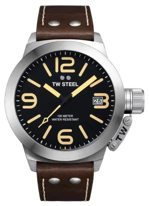 TW Steel Canteen Stainless Steel Brown Leather Strap Black Dial Date Quartz Mens Watch CS31