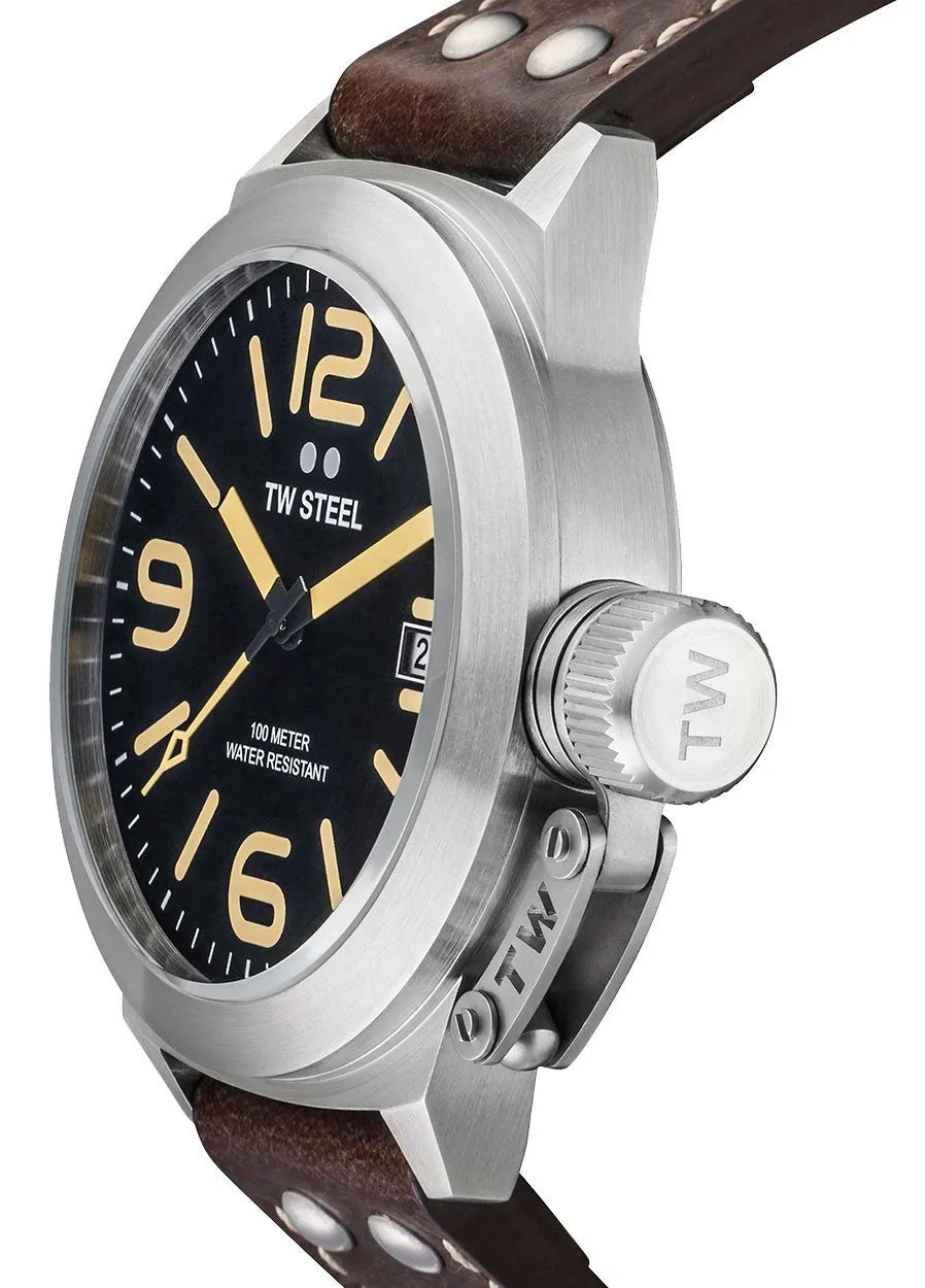 TW Steel Canteen Stainless Steel Brown Leather Strap Black Dial Date Quartz Mens Watch CS31
