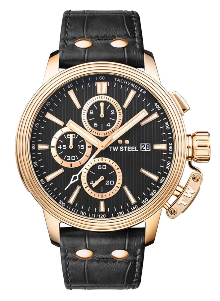 TW Steel Ceo Adesso Chronograph Rose Gold PVD Black Leather Strap Black Dial Quartz Date Mens Watch CE7012