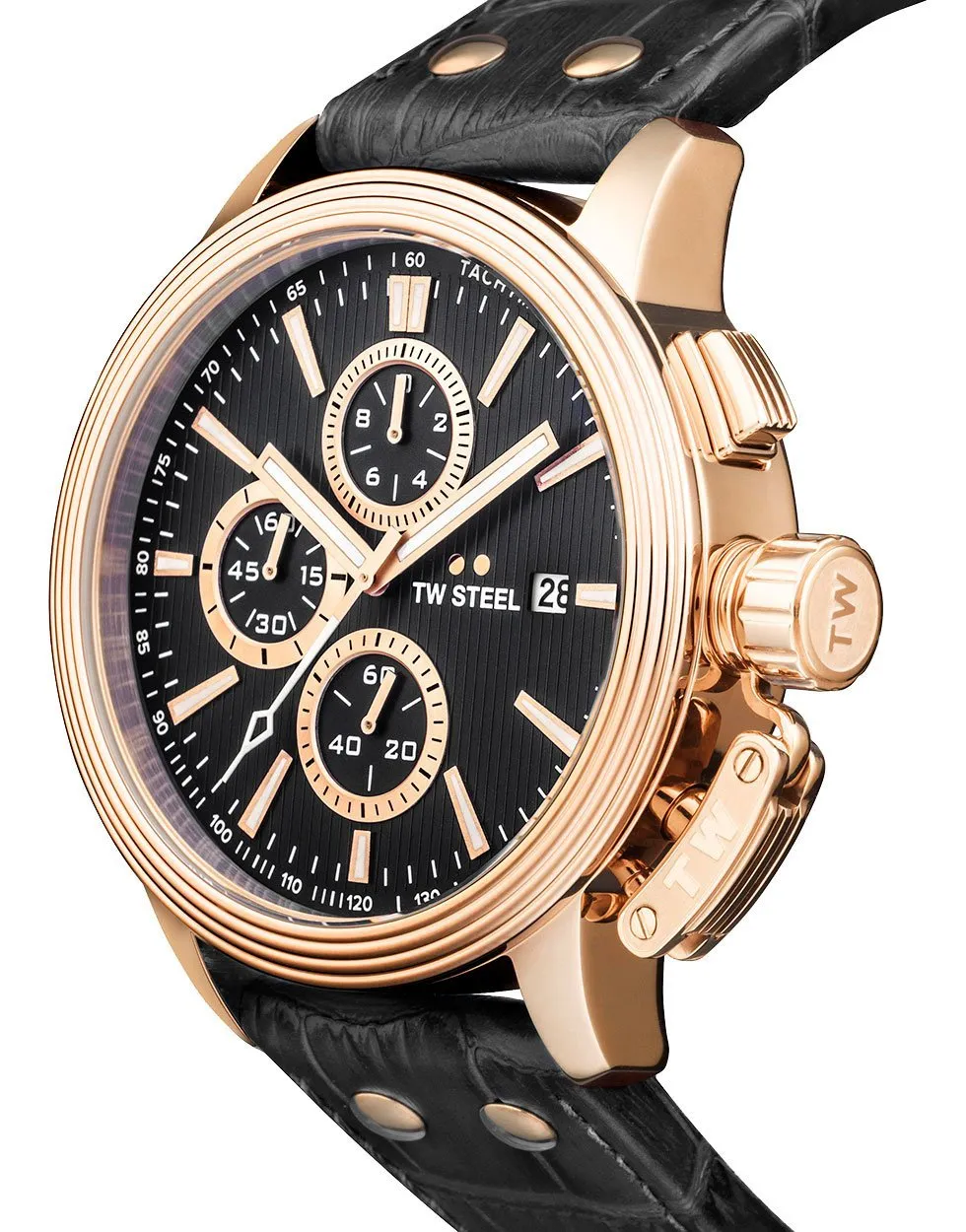 TW Steel Ceo Adesso Chronograph Rose Gold PVD Black Leather Strap Black Dial Quartz Date Mens Watch CE7012