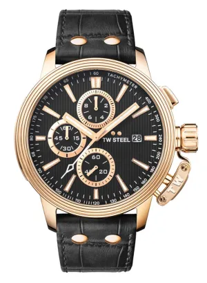 TW Steel Ceo Adesso Chronograph Rose Gold PVD Black Leather Strap Black Dial Quartz Date Mens Watch CE7012