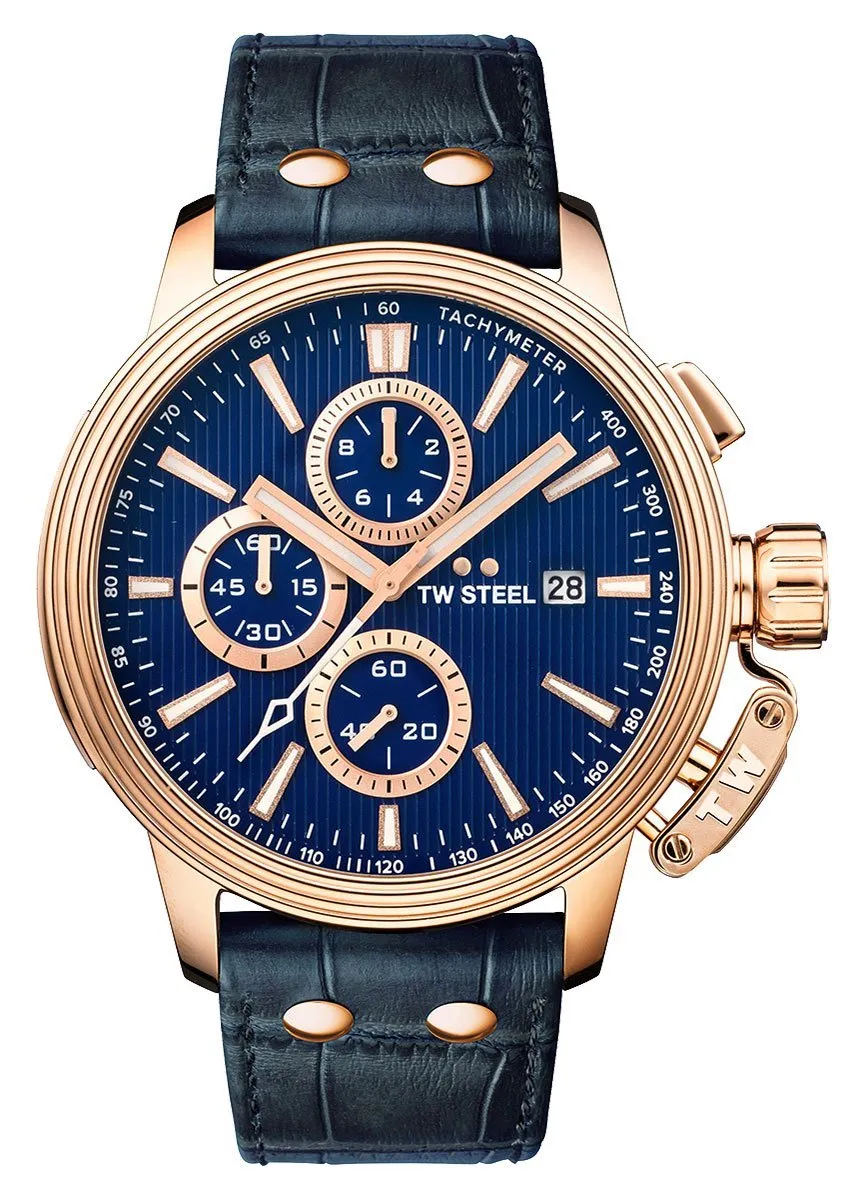 TW Steel Ceo Adesso Chronograph Rose Gold PVD Blue Leather Strap Blue Dial Quartz Date Mens Watch CE7016