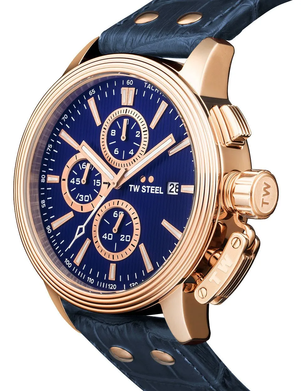 TW Steel Ceo Adesso Chronograph Rose Gold PVD Blue Leather Strap Blue Dial Quartz Date Mens Watch CE7016