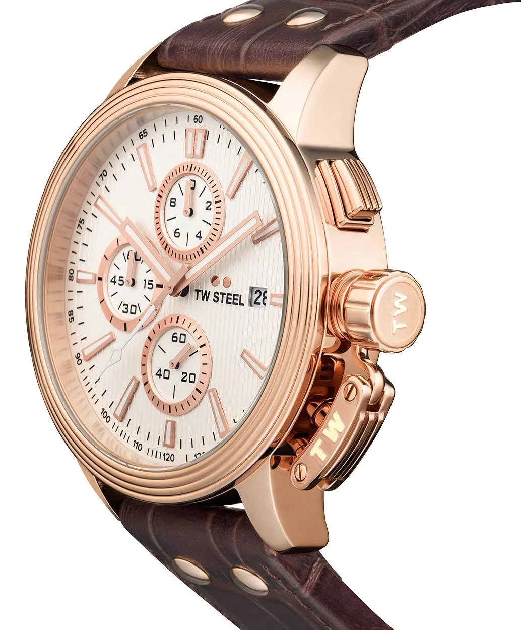 TW Steel Ceo Adesso Chronograph Rose Gold PVD Brown Leather Strap Silver Dial Quartz Date Mens Watch CE7014