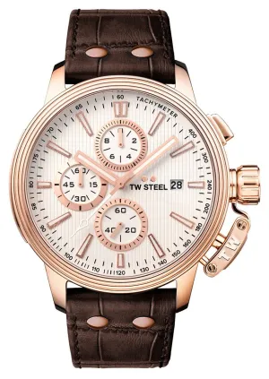 TW Steel Ceo Adesso Chronograph Rose Gold PVD Brown Leather Strap Silver Dial Quartz Date Mens Watch CE7014
