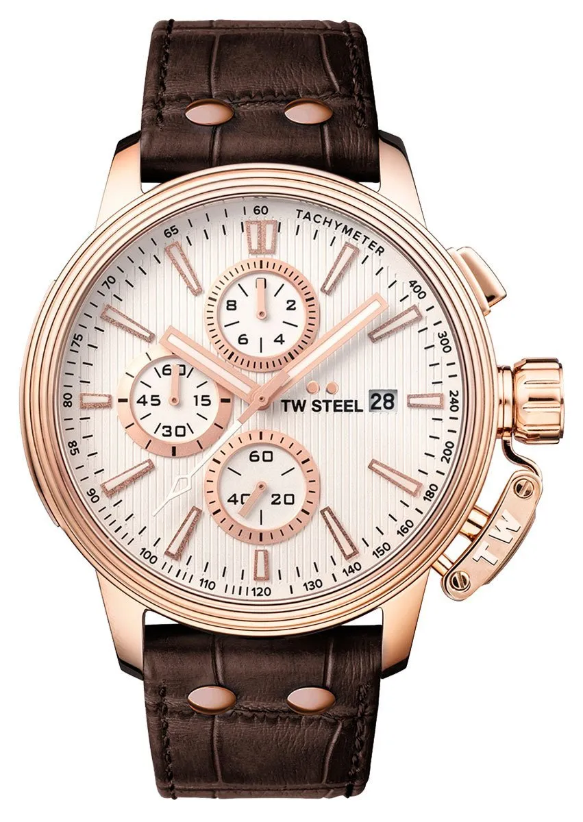 TW Steel Ceo Adesso Chronograph Rose Gold PVD Brown Leather Strap Silver Dial Quartz Date Mens Watch CE7014