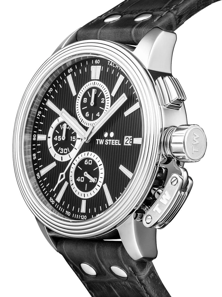 TW Steel Ceo Adesso Chronograph Stainless Steel Black Leather Strap Black Dial Quartz Date Mens Watch CE7002