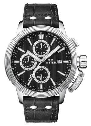 TW Steel Ceo Adesso Chronograph Stainless Steel Black Leather Strap Black Dial Quartz Date Mens Watch CE7002