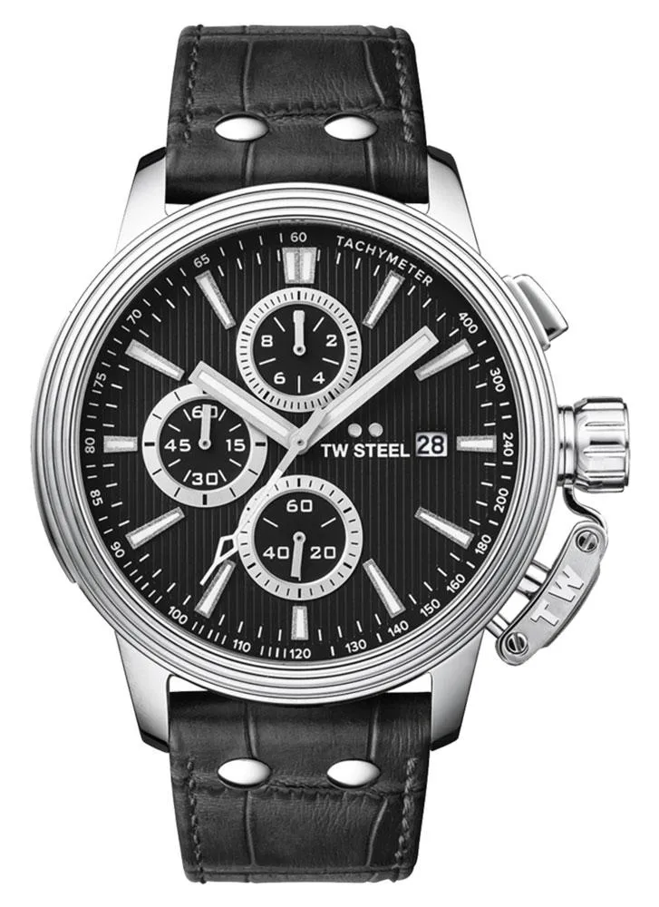 TW Steel Ceo Adesso Chronograph Stainless Steel Black Leather Strap Black Dial Quartz Date Mens Watch CE7002