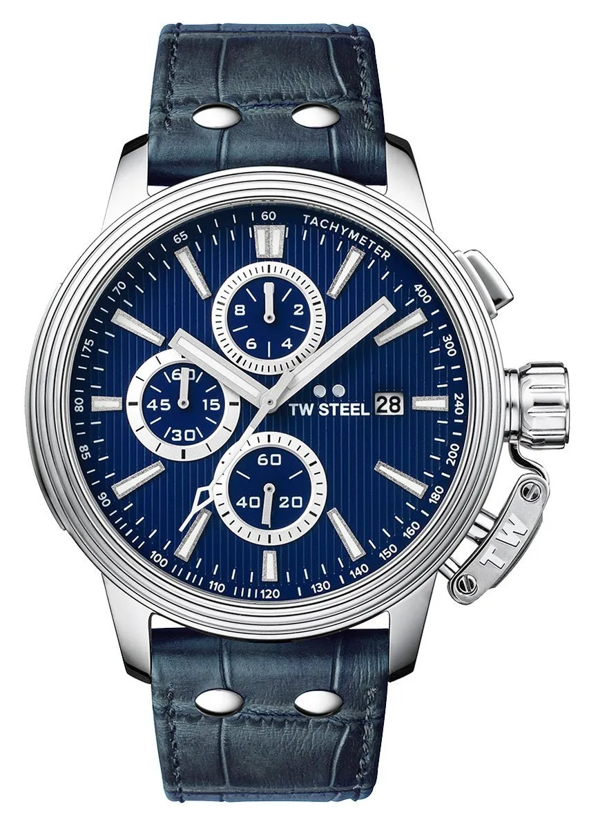 TW Steel Ceo Adesso Chronograph Stainless Steel Blue Leather Strap Blue Dial Quartz Date Mens Watch CE7008