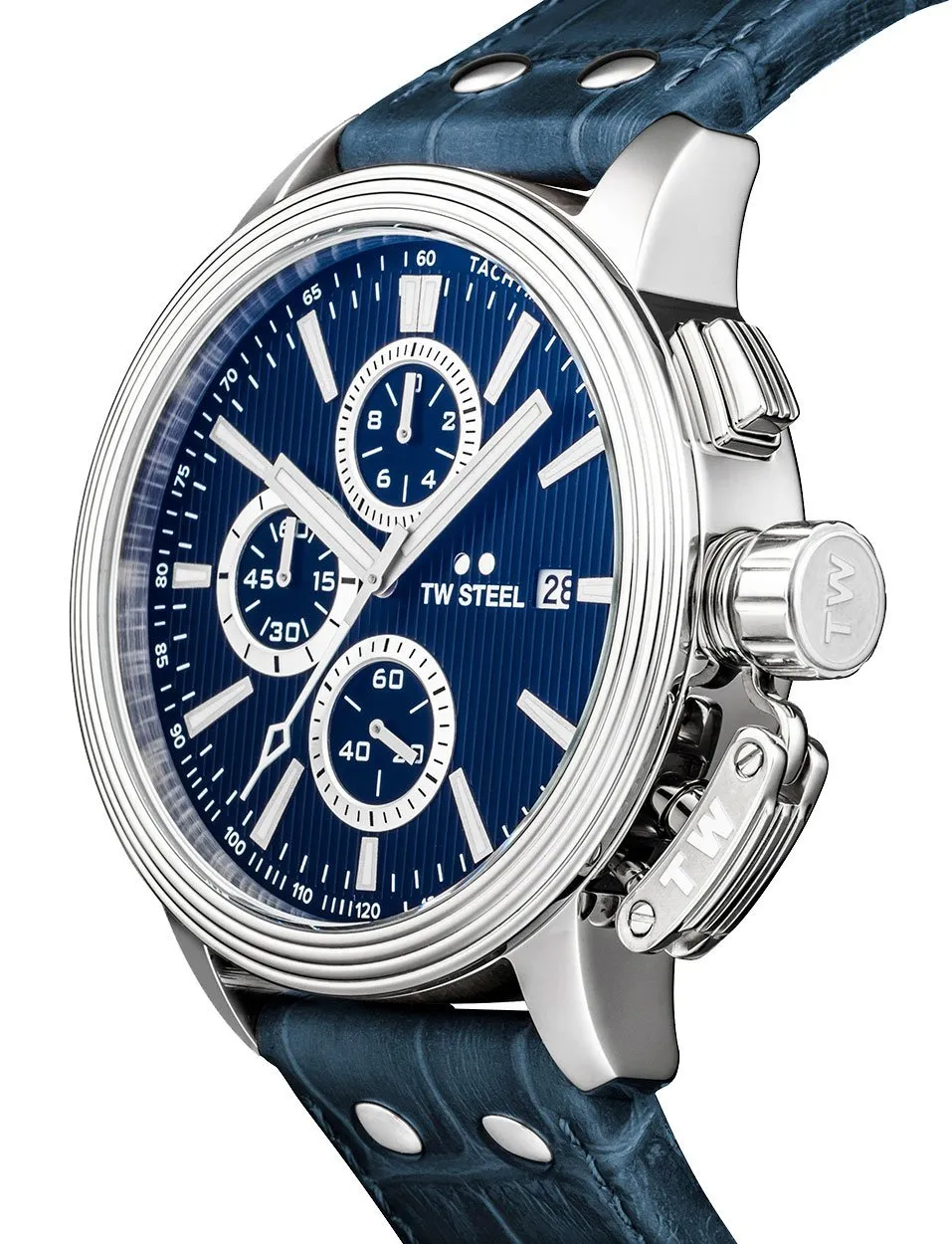 TW Steel Ceo Adesso Chronograph Stainless Steel Blue Leather Strap Blue Dial Quartz Date Mens Watch CE7008