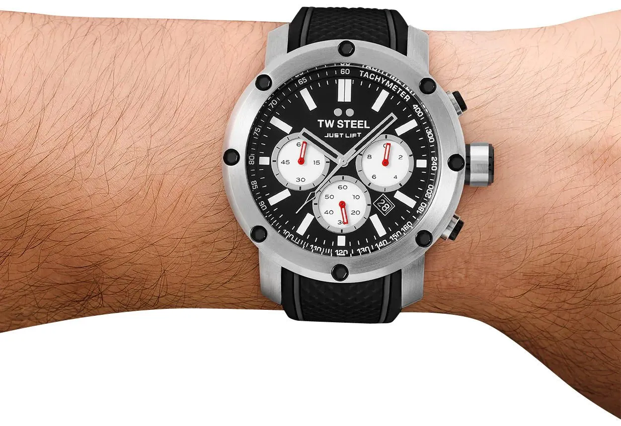 TW Steel Grandeur Tech Simeon Panda Limited Edition Chronograph Stainless Steel Black Dial Black Silicon Strap Date Quartz Mens Watch TS10