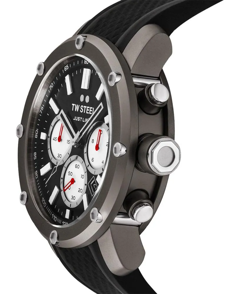 TW Steel Grandeur Tech Simeon Panda Limited Edition Chronograph Titanium PVD Black Silicone Strap Black Dial Date Quartz Mens Watch TS12