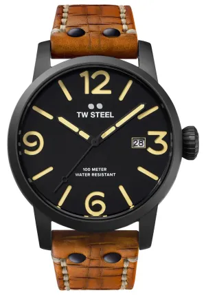 TW Steel Maverick Black PVD Black Dial Brown Leather Strap Date Quartz Mens Watch MS32