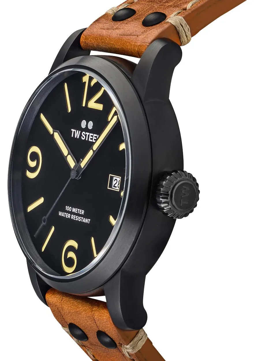 TW Steel Maverick Black PVD Black Dial Brown Leather Strap Date Quartz Mens Watch MS32