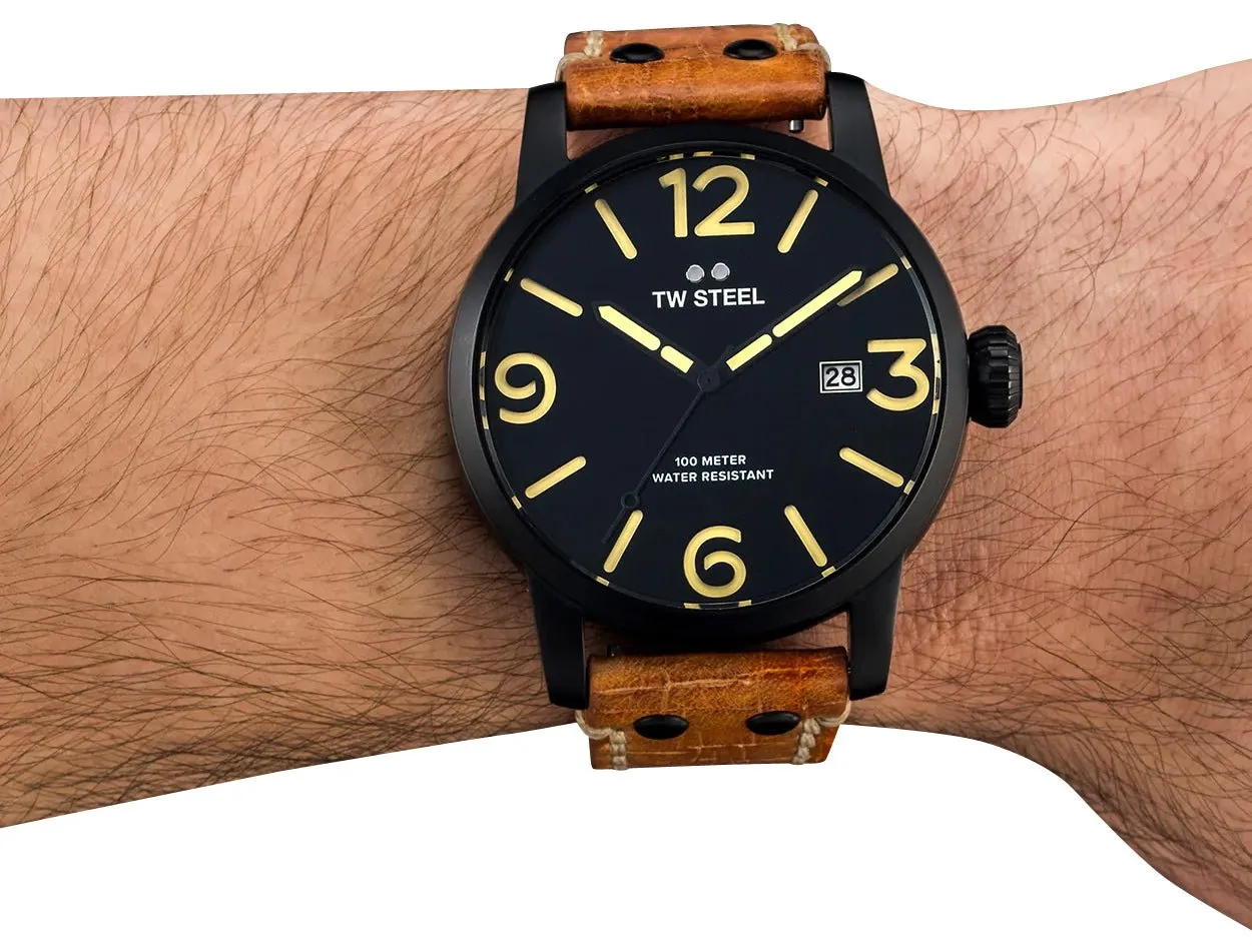 TW Steel Maverick Black PVD Black Dial Brown Leather Strap Date Quartz Mens Watch MS32