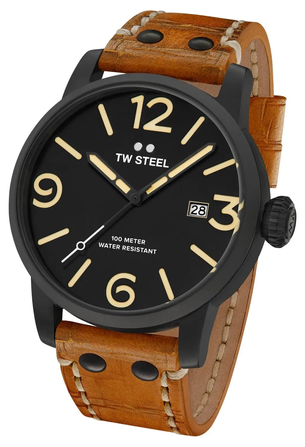 TW Steel Maverick Black PVD Black Dial Brown Leather Strap Date Quartz Mens Watch MS32