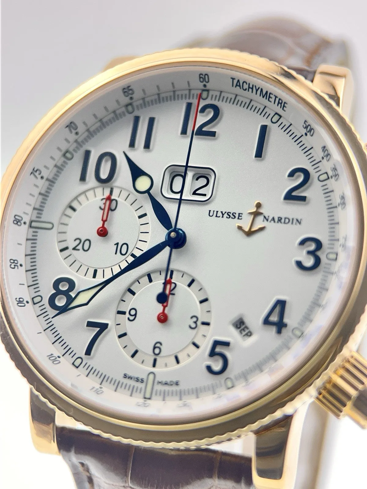 Ulysse Nardin Marine Chronograph 18k Yellow Gold White Dial 40mm Watch 516-22